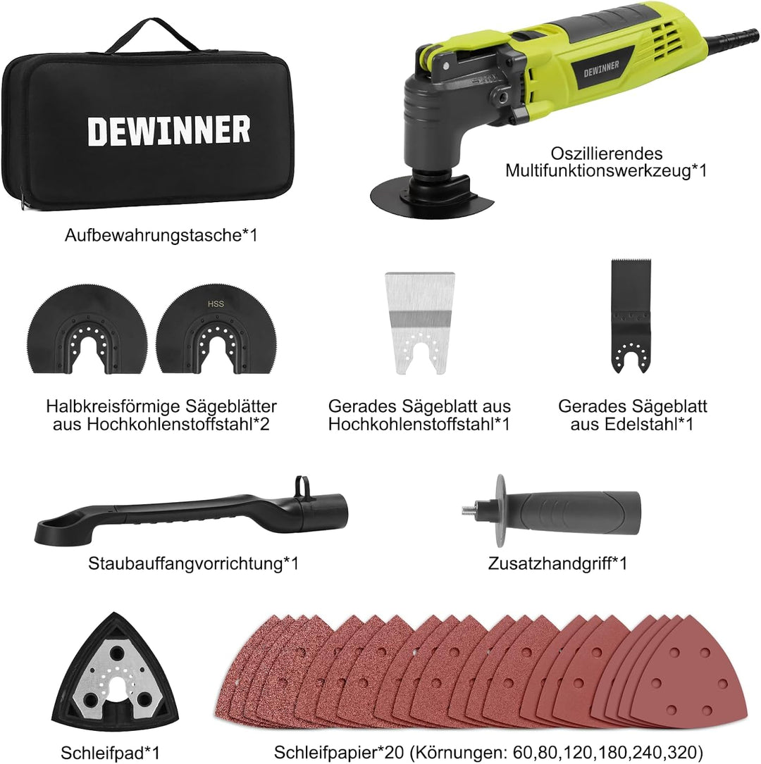 DEWINNER Oszillationswerkzeug, 300W Multifunktionswerkzeug, 3° Oszillationswinkel, 6 Variable Geschw