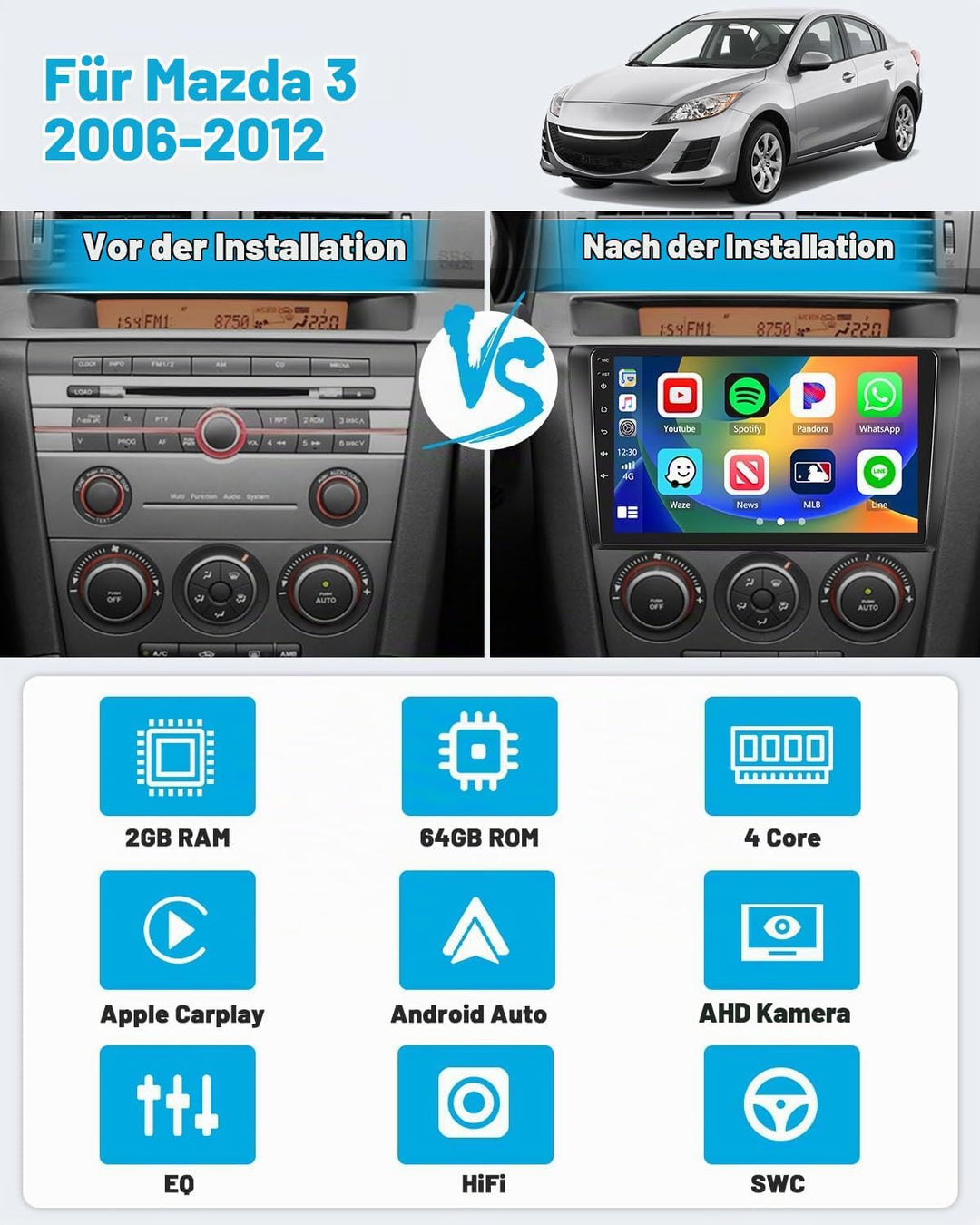 Hikity Carplay für Mazda 3 2006-2012 Android Autoradio, 2GB+64GB, Android Auto Autoradio Bluetooth m