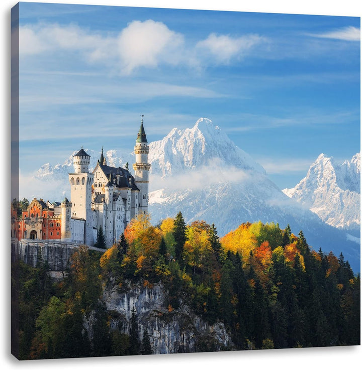 Pixxprint Schloss Neuschwanstein im Herbst, Format: 70x70 auf Leinwand, 70x70