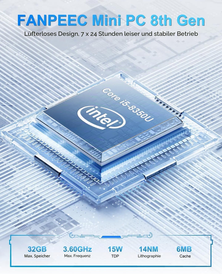 FANPEEC Fanless PC Core i3 6157U, Industrial Mini PC Windows 10 Pro 8 GB RAM 256 GB SSD, Desktop PC