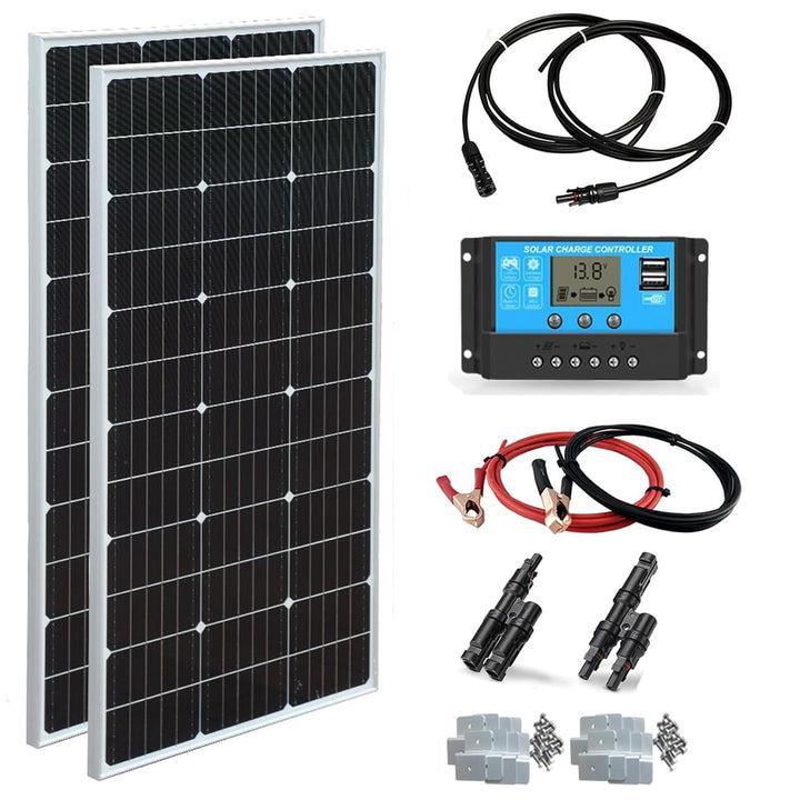 Solarpanel-Kit 200W Monokristallines 2X100Watt Glas 18V Solarmodul+20A 12V/24V Solarladeregler+Solar