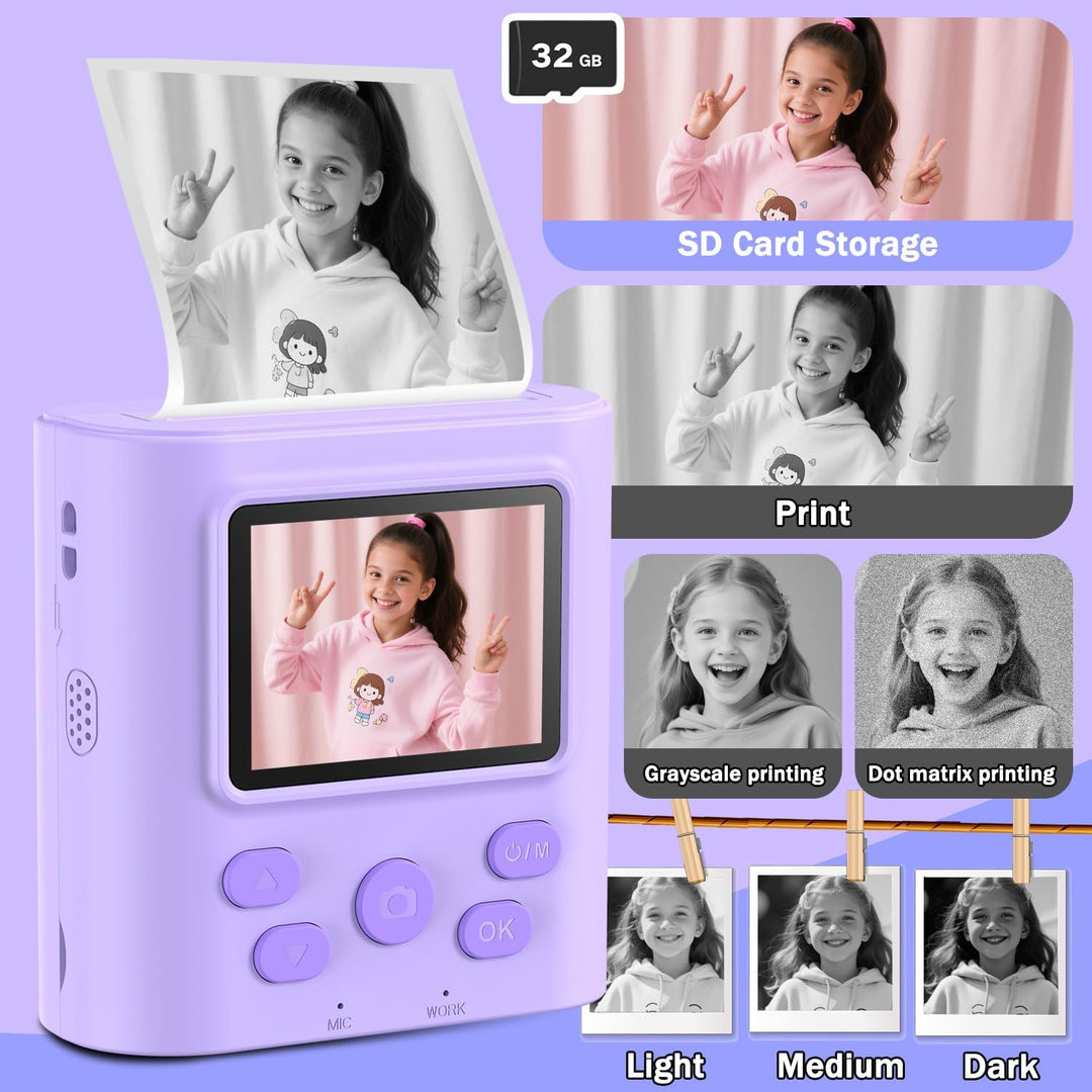Zicor Kinderkamera mit Sofortdruck – 1080HD-Digitalkamera mit Video- & Druckfunktion für Kinder, lus