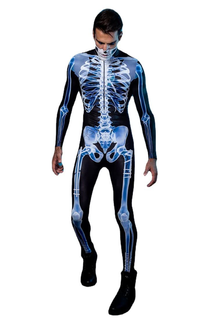 Shmily Girl Skelett Kostüm Damen Herren Halloween Kostüme Cosplay Overall Bodysuit Blau XXL, Blau XX