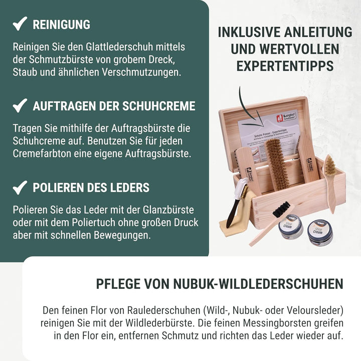 Langlauf Schuhbedarf Schuhputzset 9tlg Schuhputzkasten Verona I Schuhbürsten Set mit Box I Schuhcrem