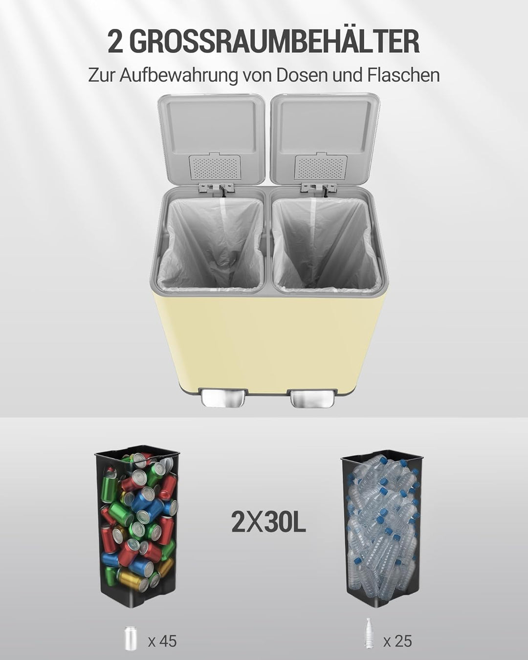 Hzuaneri Mülleimer Küche, 2 x 30 L, Mülltrennsystem 2 Fächer 60 L, Edelstahl-küchenmülleimer, Tretmü
