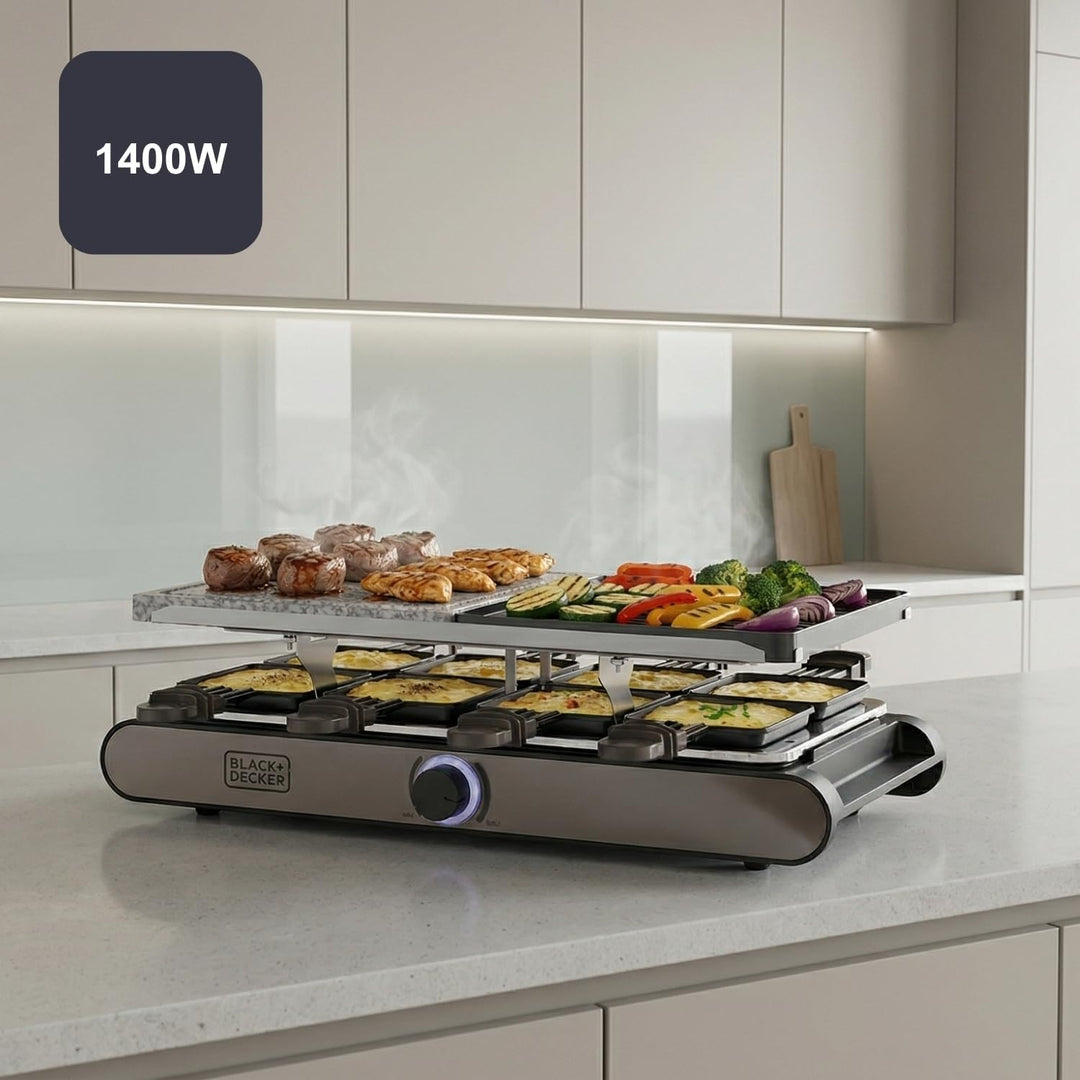 Black+Decker – Raclette| 8 Personen| Platten 21 x 21 cm| Regulierbare Temperatur| 1400 W| Umkehrbare
