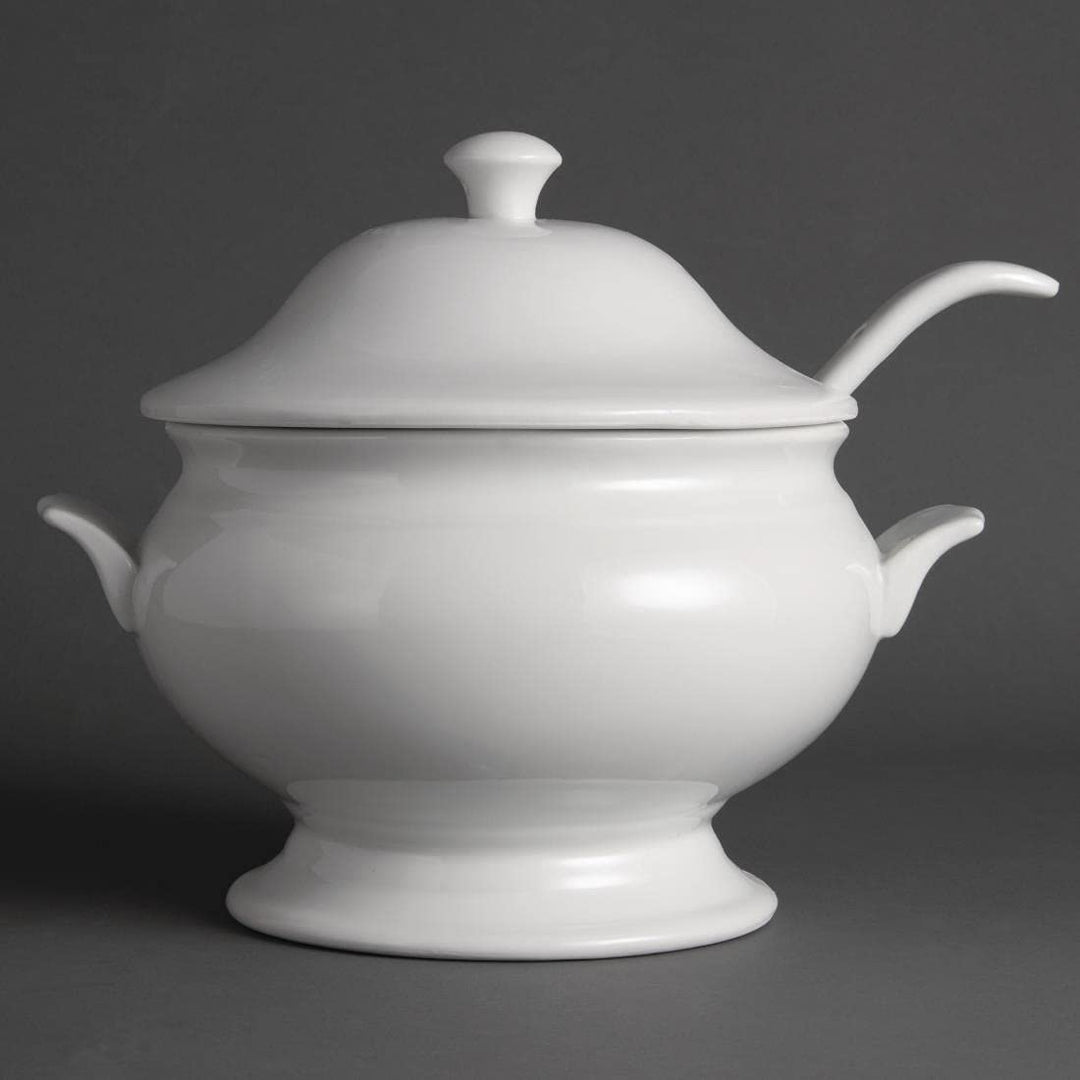 Olympia Whiteware Suppenterrine und Schöpfkelle, 2,5 Liter, weisses Porzellan, Grösse: 227 x 250 mm,