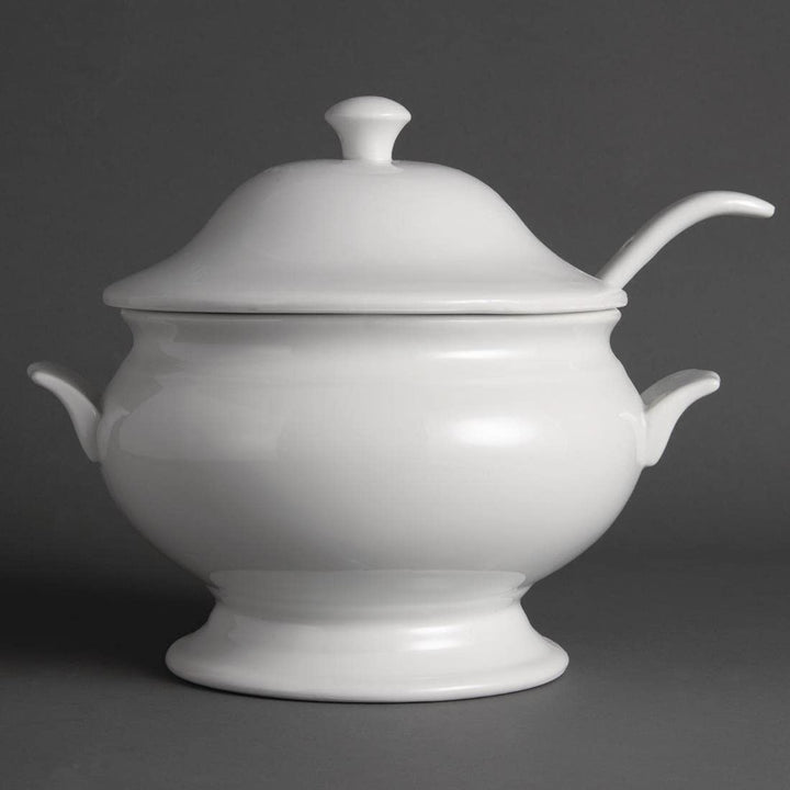 Olympia Whiteware Suppenterrine und Schöpfkelle, 2,5 Liter, weisses Porzellan, Grösse: 227 x 250 mm,