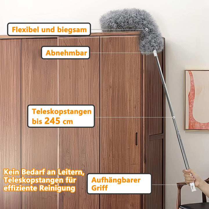 Staubwedel Teleskop Waschbar，Staubwischer lang ausziehbar bis 2,45m，staubwedel mit teleskopstange un