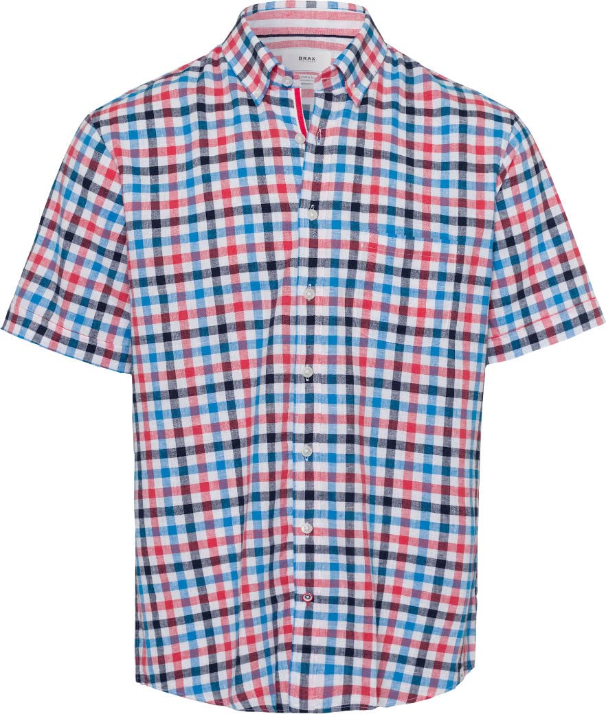 BRAX Herren Style Dan C Cotton Linen Slub Kariertes Kurzarmhemd Hemd XL Ocean, XL Ocean