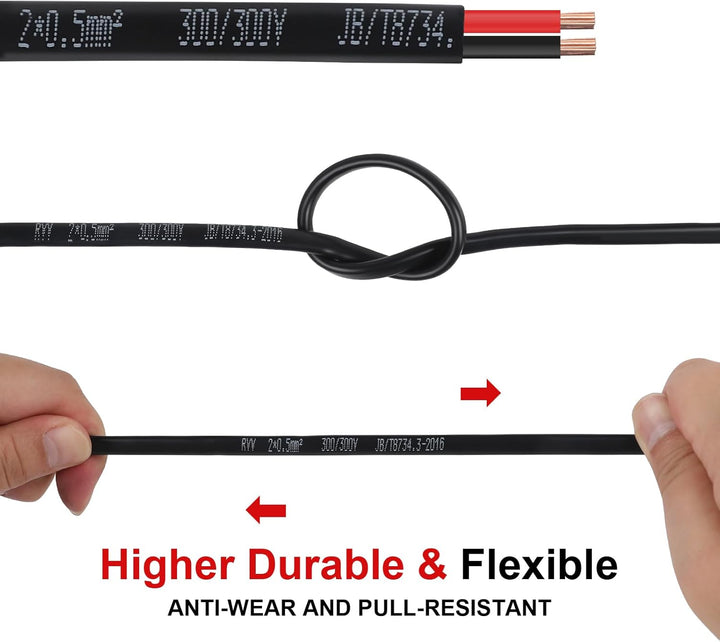 AOHEWEI 2 × 0,5 mm² flaches, zweiadriges Doppelkabel, 2 Leiter, elektrischer Kupferdraht, 5 V, 12 V,