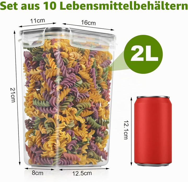 Withosent 10 Vorratsdosen mit Deckel 2L, Aufbewahrungsbox, luftdicht, Kunststoff, Müslibehälter, Vor
