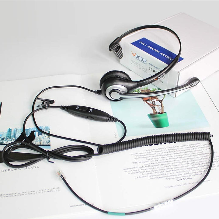 Wantek Telefon Headset Mono mit Noise Cancelling Mikrofon, Lautstärkeregler, Call Center Kopfhörer f