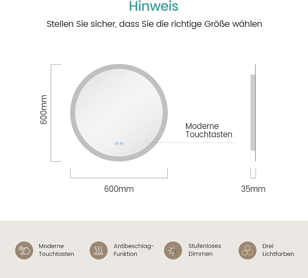 EMKE Badspiegel mit Beleuchtung Rund 60cm Badezimmerspiegel mit Touchschalter, 3 Lichtfarben dimmbar