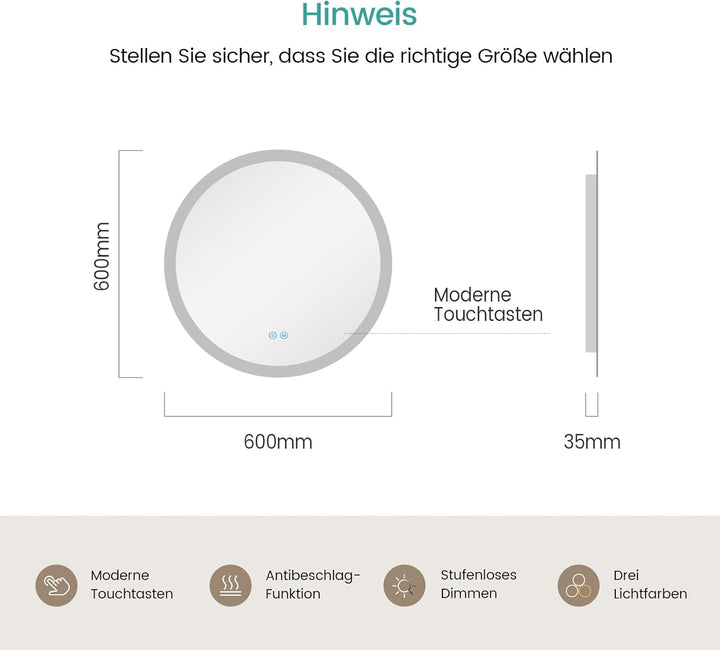 EMKE Badspiegel mit Beleuchtung Rund 60cm, Badezimmerspiegel mit dimmbarer Beleuchtung, 3 Lichtfarbe