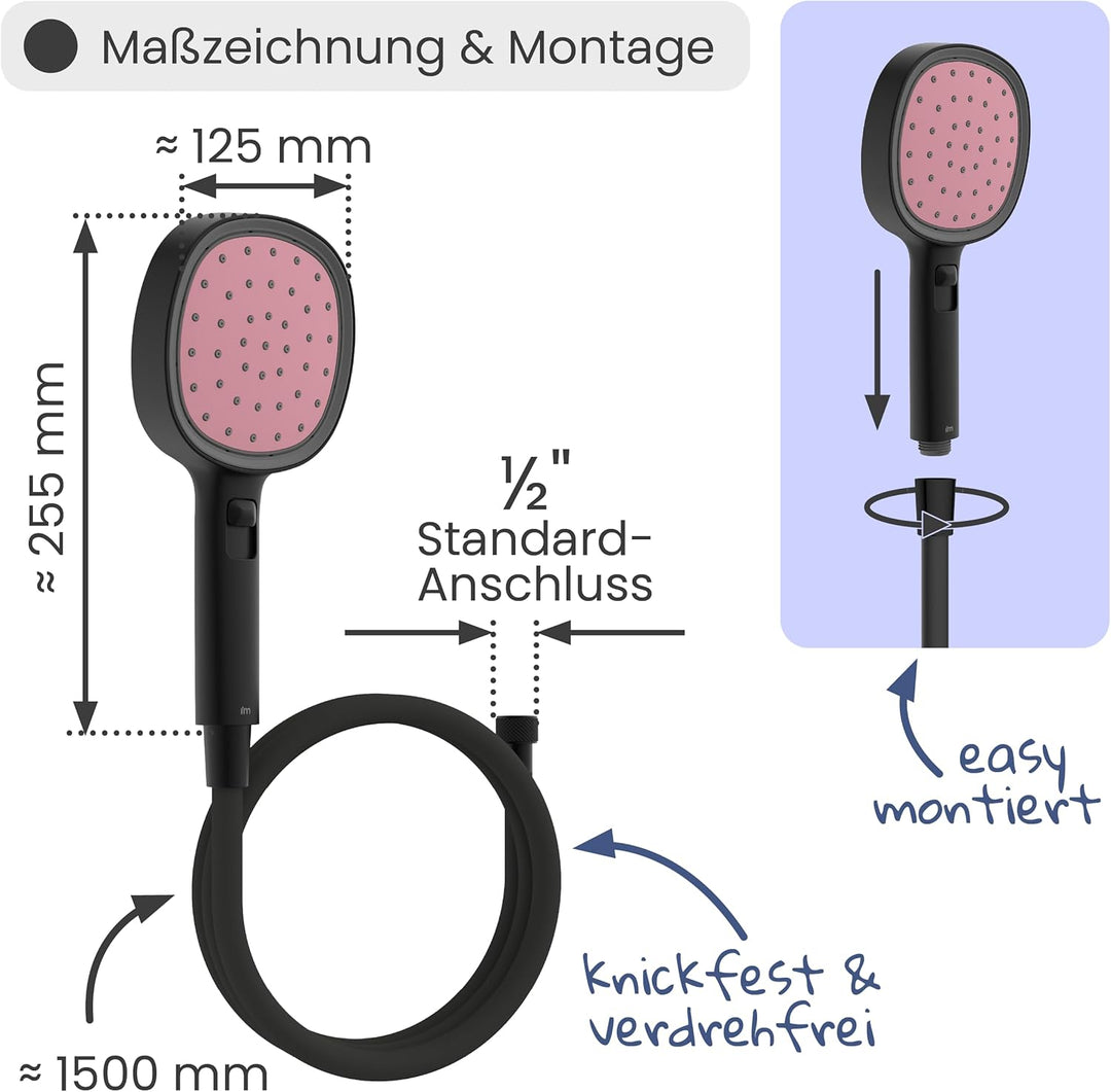 instmaier Cleo | Handbrause-Set | Duschkopf und passender 1,5m Brauseschlauch | Schwarz/Koralle | 2