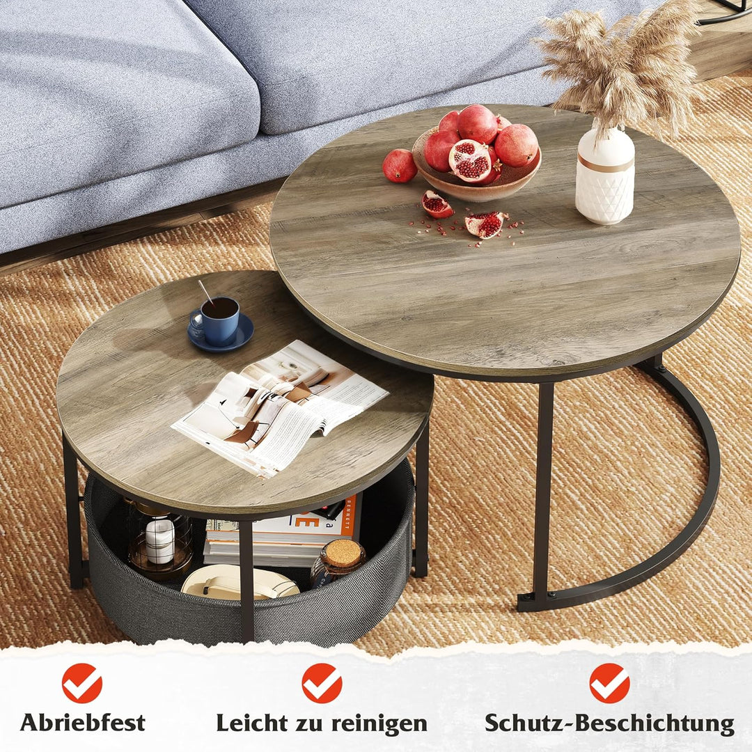WLIVE Runder Couchtisch 2er Set, Moderne Wohnzimmertisch Rund, Beistelltisch mit Korb aus Stoff, 80