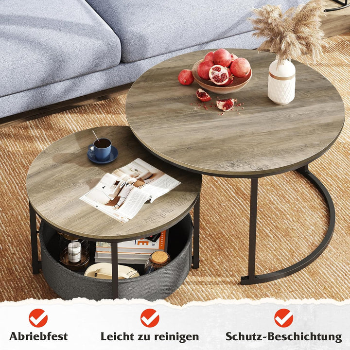 WLIVE Runder Couchtisch 2er Set, Moderne Wohnzimmertisch Rund, Beistelltisch mit Korb aus Stoff, 80
