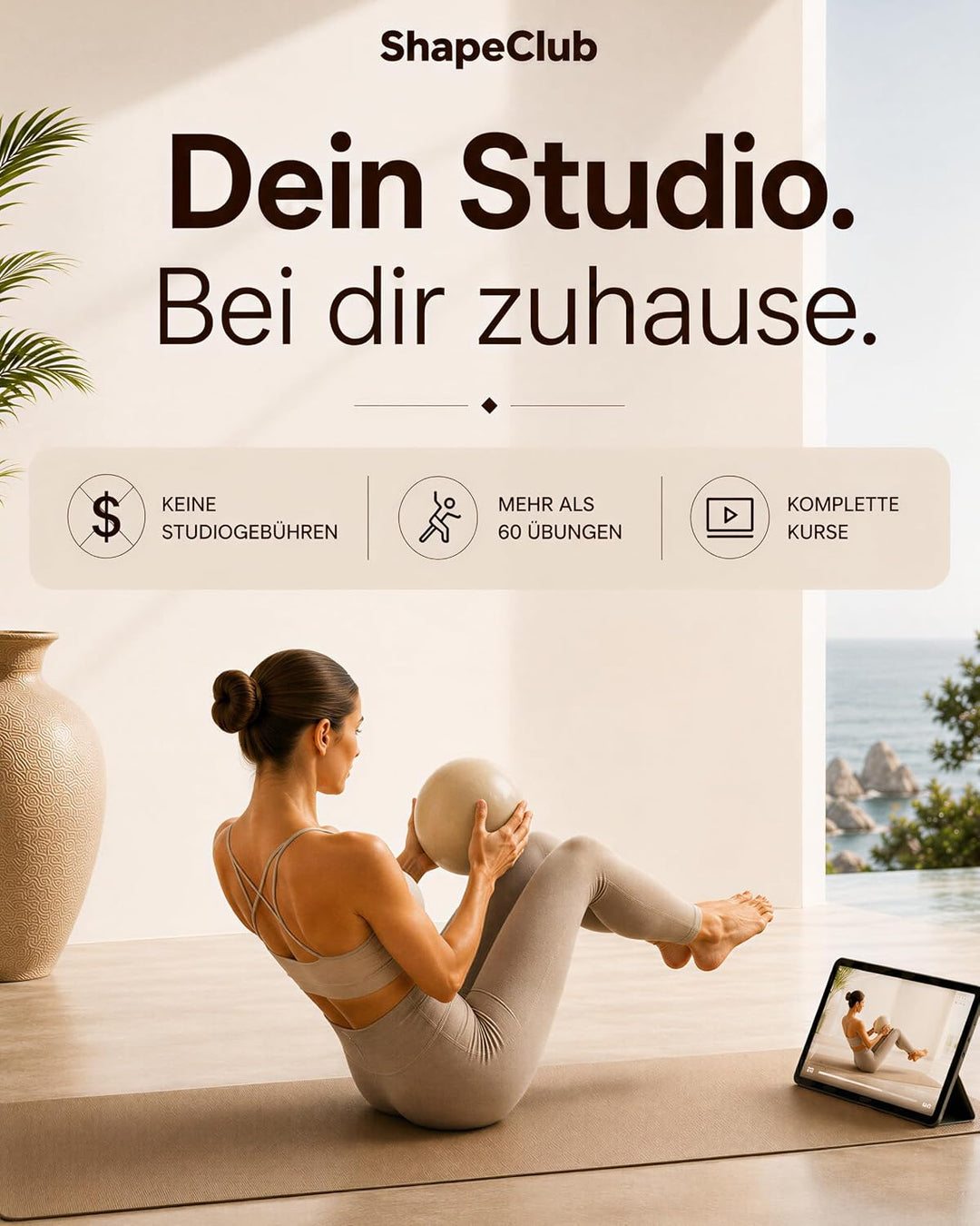 Hochwertiges Pilates Set Ring &amp; Ball Studioqualität Übungsvideos Beige Premium Set, Beige Premium Se
