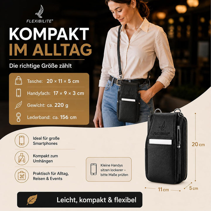 FLEXIBILITE® Handytasche zum Umhängen aus echtem Leder I EXTRA leicht 220 g mit RFID I Handy Portemo