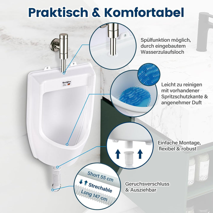 Urinal Kunststoff Pissoir mit Schlauch, Urinalsieb & Zubehöhr - Herren Männer WC Set Steh Klo Urinal