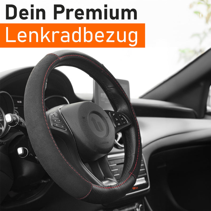 Upgrade4cars Lenkradbezug Alcantara Look Schwarz Rot | Lenkradhülle in Leder Optik | Universal Lenkr