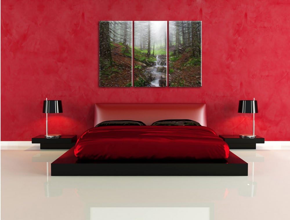 Pixxprint Bach im Wald / 3-Teilig/Gesamtmass 120cm Leinwandbild bespannt auf Holzrahmen/Wandbild Kun