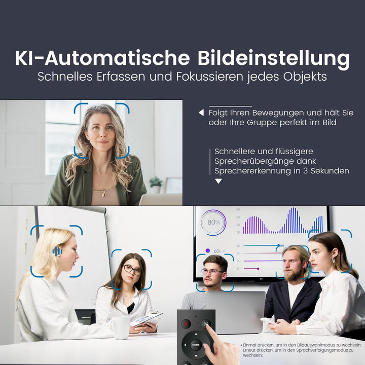 TONGVEO KI Automatisches Tracking 4K Webcam mit Mikrofonen und Lautsprecher, 5-facher Digitalzoom eP