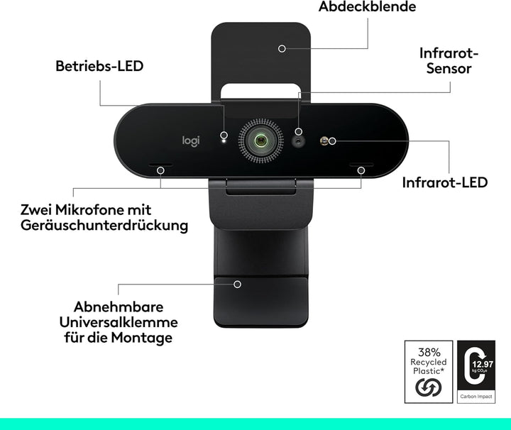 Logitech Brio 4K Webcam, Videogespräche, Mikrofon mit Geräuschunterdrückung, automatische HD-Belicht