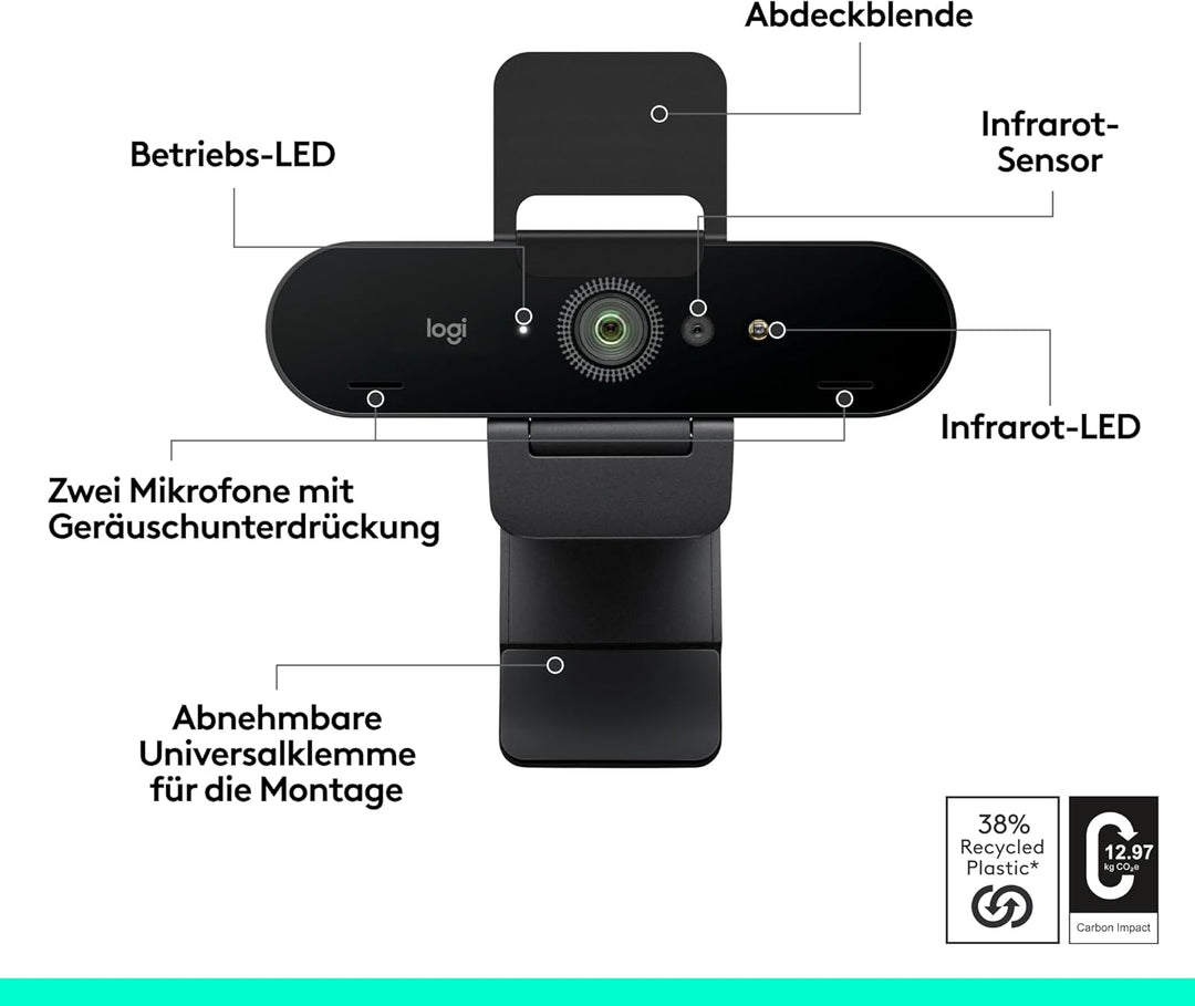 Logitech Brio 4K-Webcam for Business, biometrische Anmeldung mit Windows Hello, automatische Beleuch