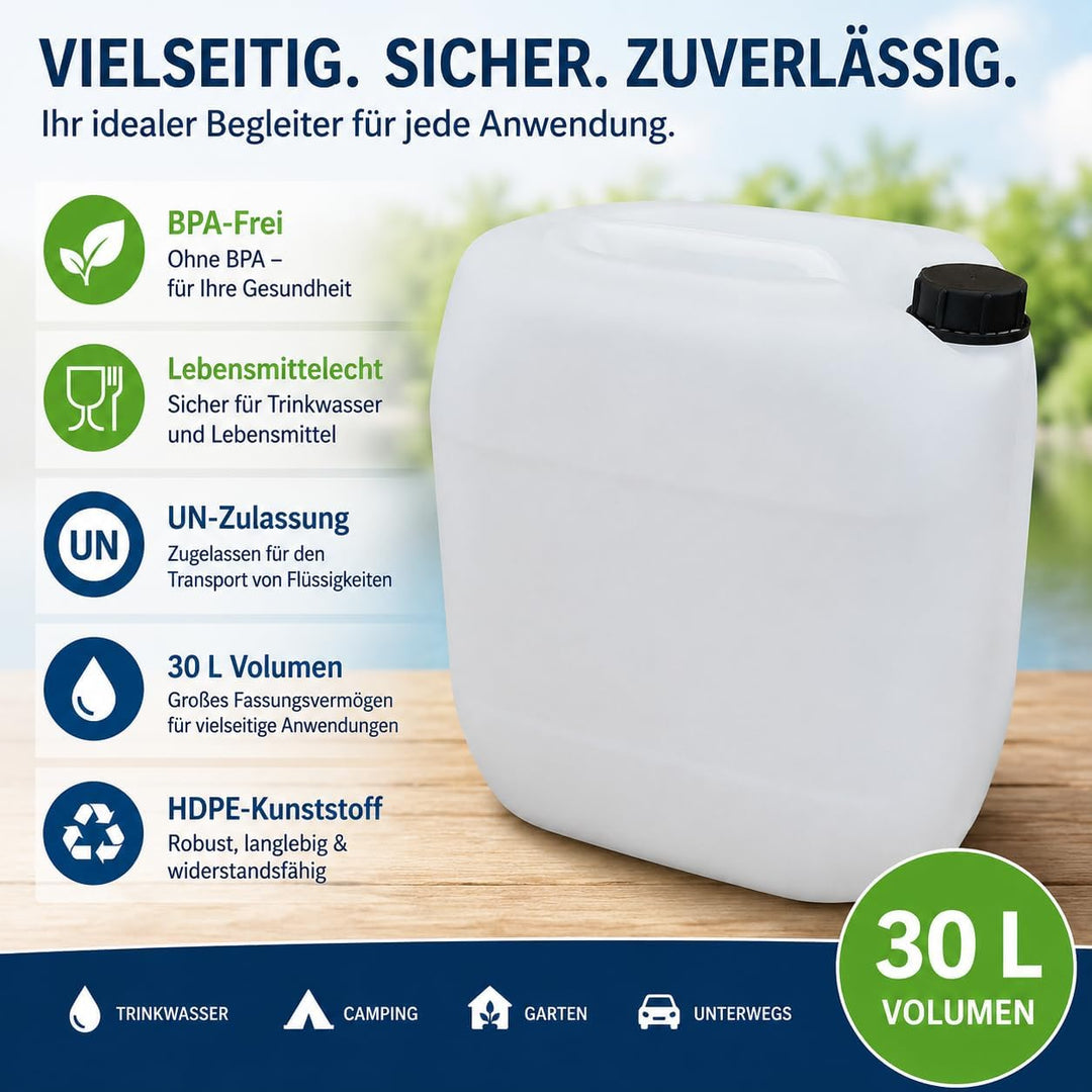 kanister-vertrieb® 3 Stück 30 L Kanister Wasserkanister Kunststoffkanister natur DIN61 + Hahn + Etik