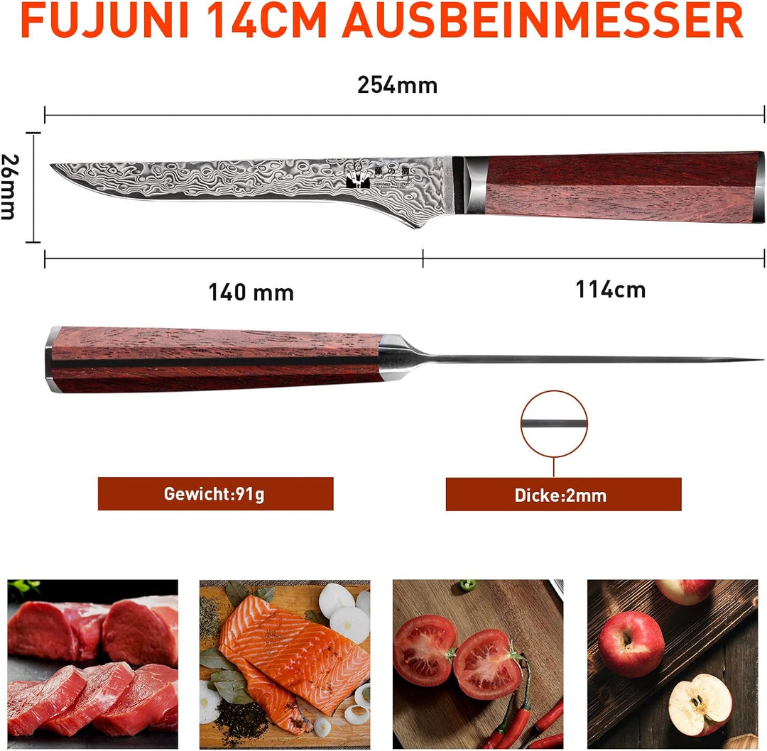 FUJUNI Ausbeinmesser Mit Extrem Scharf 14cm Klinge Aus 67 Lagen Vg-10 Damaststahl Messer, Holzgriff,