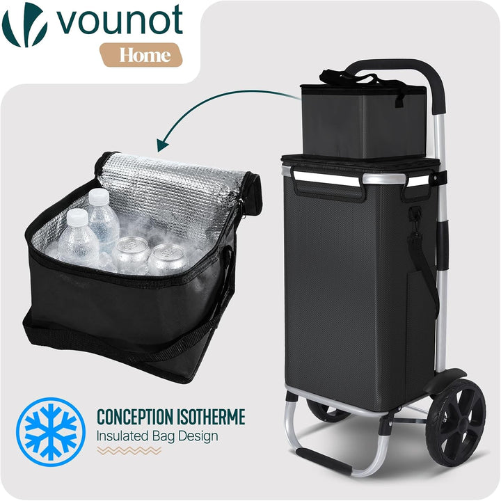VOUNOT® Einkaufstrolley Klappbar aus Aluminium mit 58L Wasserdichter Tasche und Kühlfach, 2 Extra gr