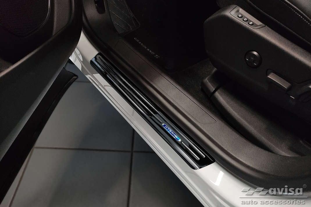 Black Inox door sill protectors compatible with Opel Grandland X 2017-2021 & Facelift 2021- 'Hybrid'