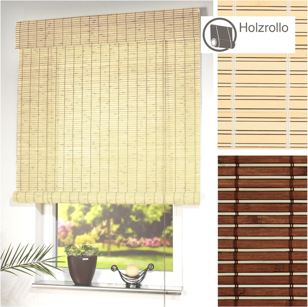 Liedeco Rollo Holz mit Seitenzug, Holzrollo für Fenster und Tür Natur B 140 cm x L 170 cm Natur 140