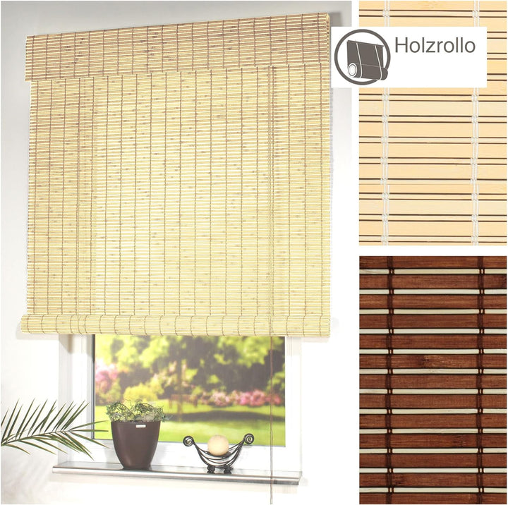 Liedeco Rollo Holz mit Seitenzug, Holzrollo für Fenster und Tür Natur B 140 cm x L 170 cm Natur 140