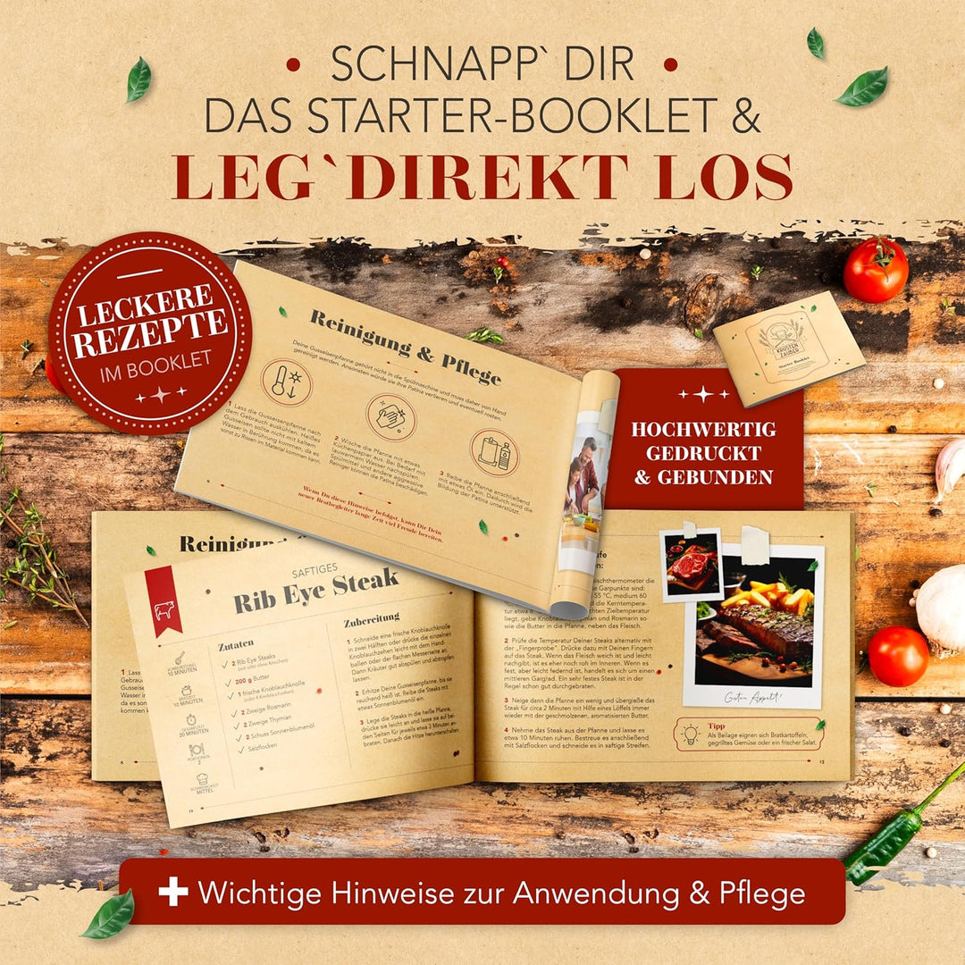 KRUSTENZAUBER Gusseisenpfanne Induktion 28cm inkl. Anleitung und Rezeptbuch - Geschliffene Pfanne Gu