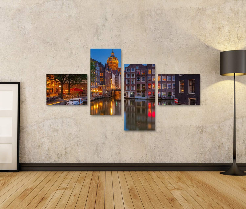 islandburner Bild auf Leinwand Amsterdam Nacht Beleuchtet Bilder Wandbilder Poster Leinwand 150x80cm