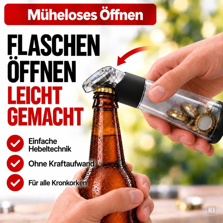 wortek Flaschenöffner mit Auffangbehälter - Getränkeöffner Bieröffner Bierflaschenöffner Kronkorken