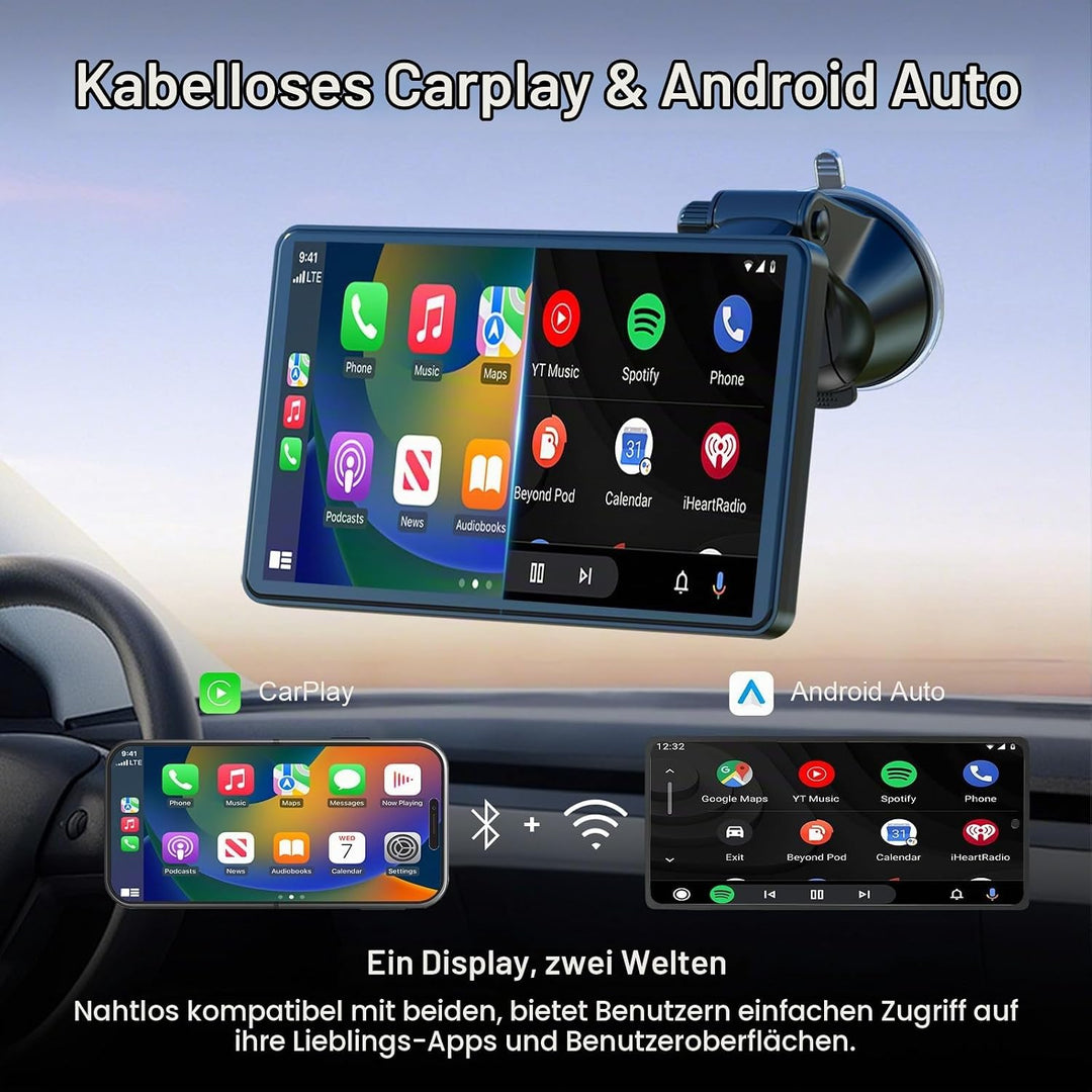 7" Drahtloses Tragbares Car Play Display für Apple CarPlay &amp; Android Auto mit Bluetooth, Mirror Link