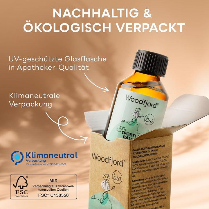 WOODFJORD Saunaaufguss Sportlerbalsam BIO 100 ml I Mit Wintergrünöl I Premium Sauna Aufgussmittel fü