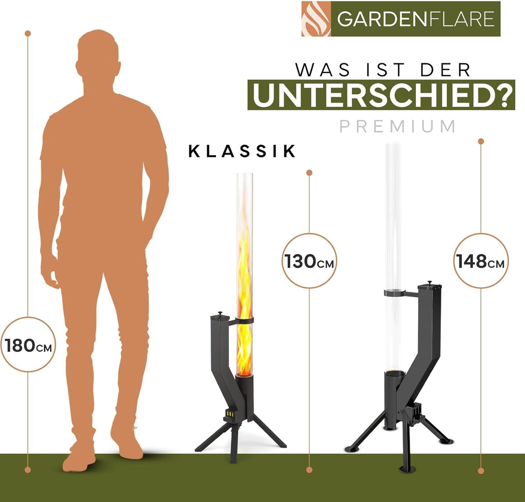 Gardenflare GARDENFLARE Feuerrohr Klassik – Edelstahl Feuersäule und Pelletfackel für Tolles Ambient