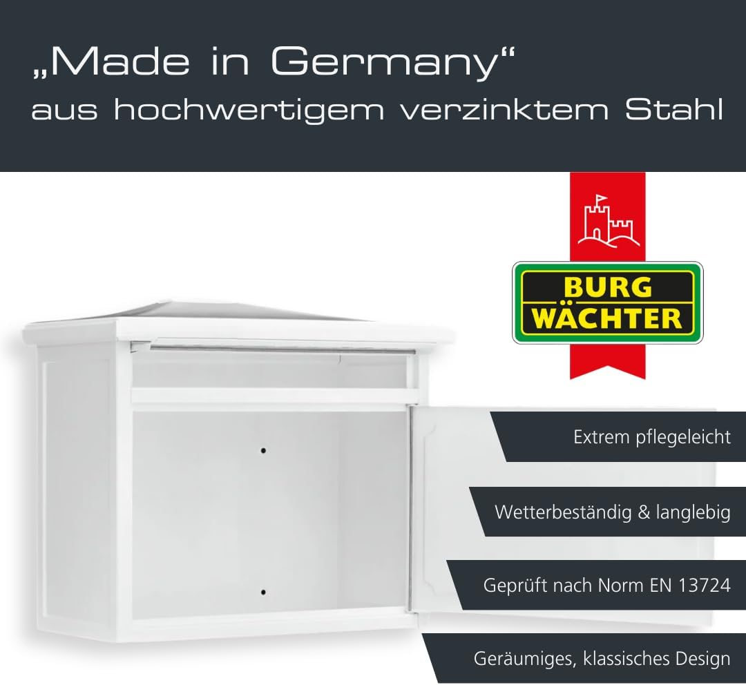 BURG-WÄCHTER Klassischer Briefkasten ohne Zeitungsfach und Namensschild, Verzinkter Stahl, Einwurf-F