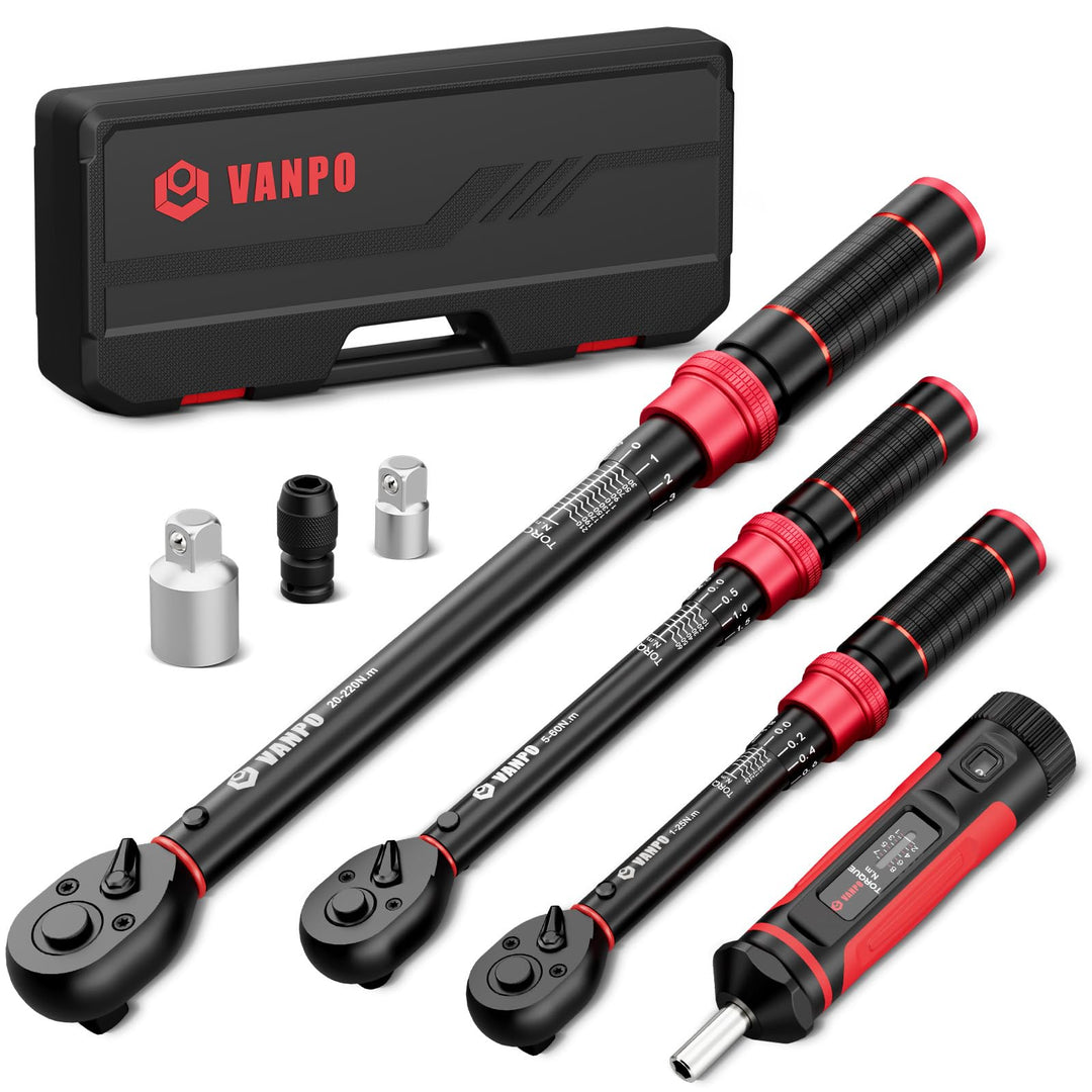 VANPO Drehmomentschlüssel 1/4 3/8 1/2, 7 Teilig Set 1-25Nm 5-60Nm 20-220Nm | Torque Wrench Set mit D