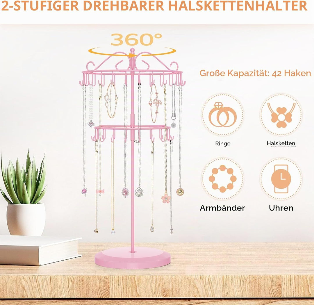 iDavosic.ly 2-Stufiger Kettenständer Schmuck Drehbar, 42-Haken Ketten Halsketten Aufbewahrung, Metal