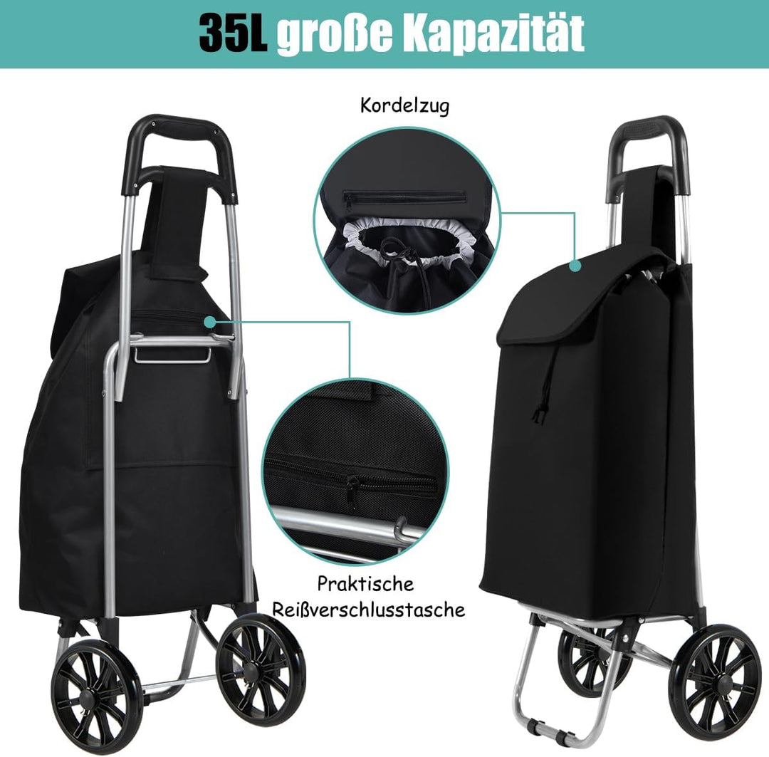 COSTWAY 35L Einkaufstrolley klappbar, Einkaufswagen mit Abnehmbarer Einkaufstasche, Einkaufsroller b