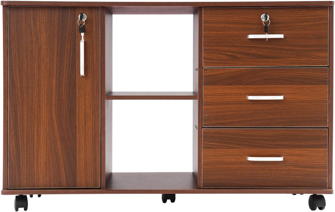 90x34x59cm Büroschrank Aktenschrank mit 5 Rollen (2 mit Bremsen), Rollcontainer mit 1* Abschliessbar