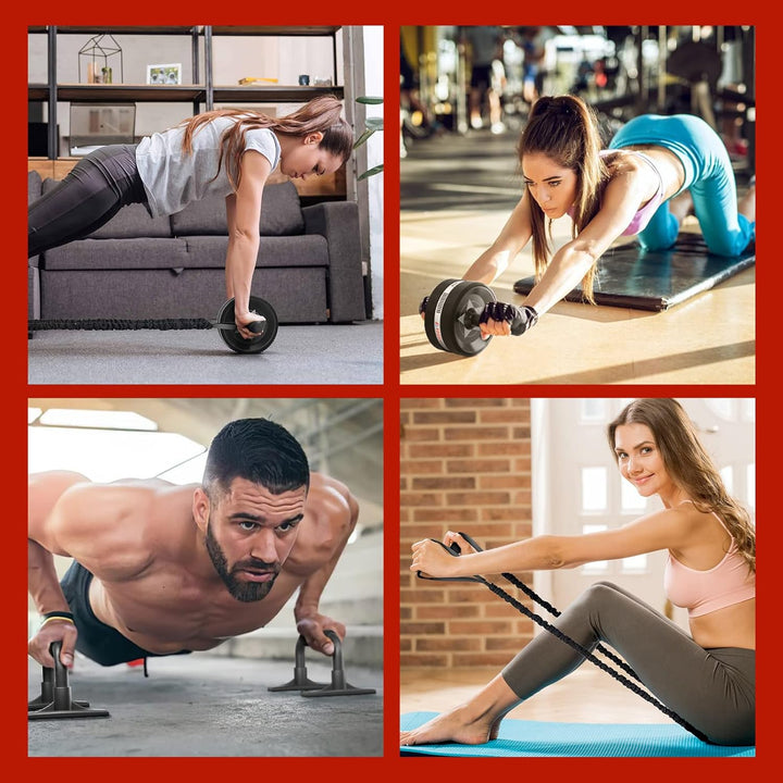 EnterSports Bauchroller, 6-in-1 Bauchtrainer mit Fitnessband, Liegestütze, Kniematte, Fitness Geräte