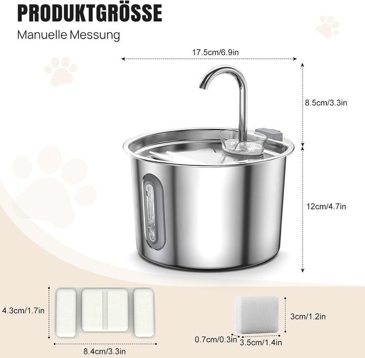 2.2L Edelstahl Trinkbrunnen Katzenbrunnen für Katze und Hunde Leise Trinkbrunnen mit 3-Stufen Filter