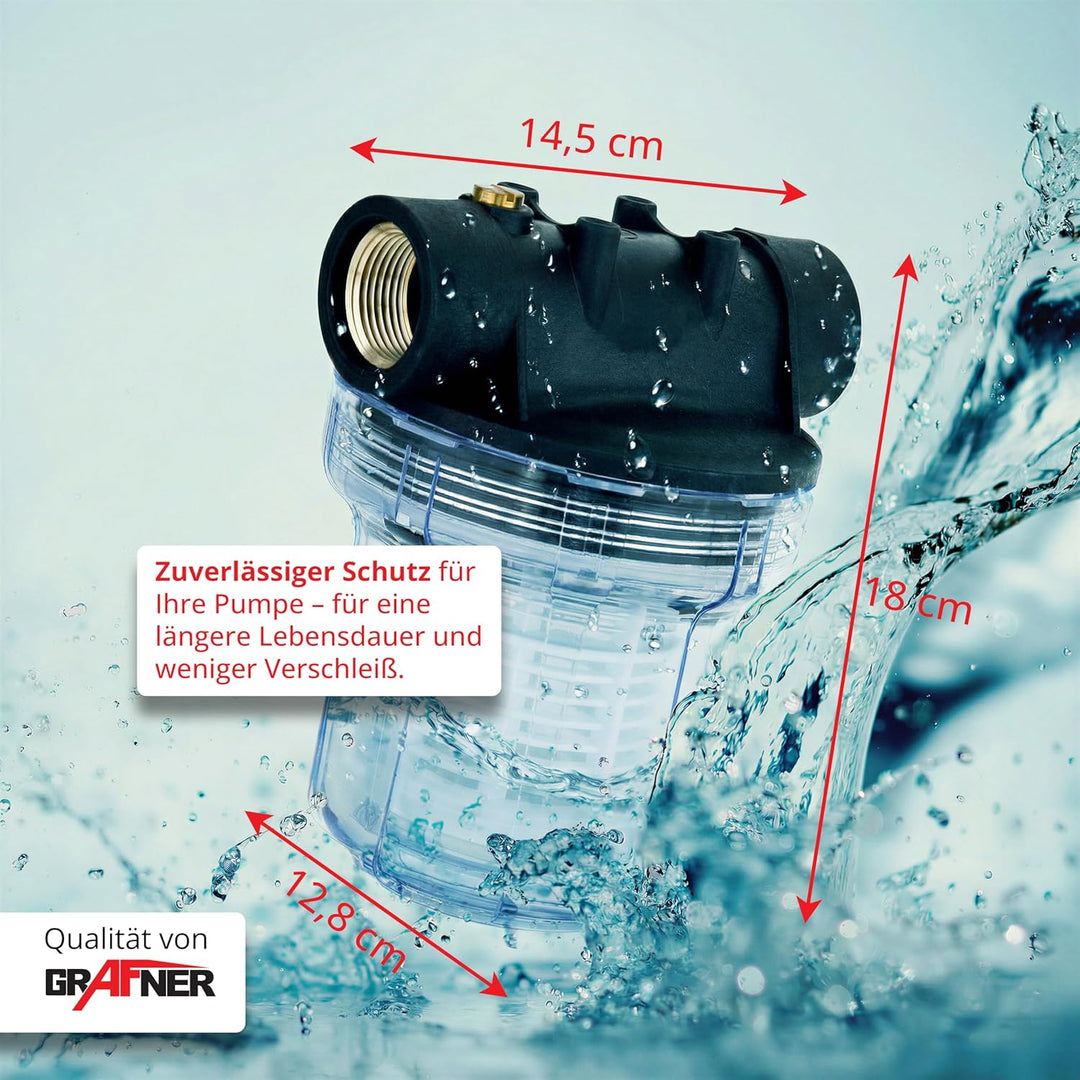 Grafner Vorfilter für Hauswasserwerke und Gartenpumpen, mit Filtereinsatz, platzsparende Ausführung,